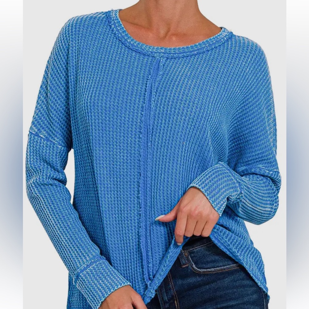 NEW Hi-lo exposed seam long sleeve top w/side slits - Blue